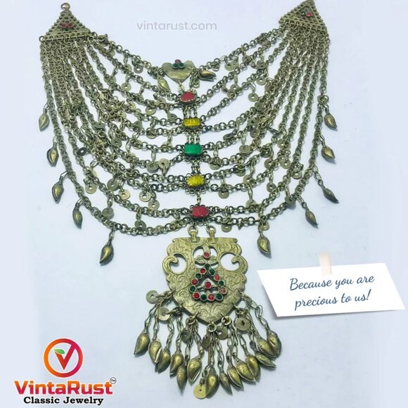 Kuchi Silver Vintage Multilayers Bib Necklace With Dangling Massive Pendant - Picture 2 of 8